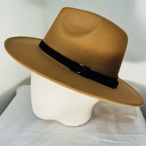 Wide Brim Tan Fedora Hat with Black Band
